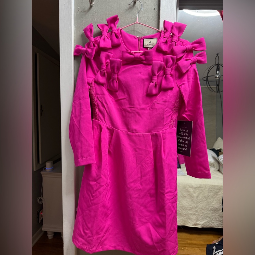 Tuckernuck Vibrant Pink Bow Long Sleeve Dress